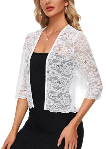 MINTLIMIT Elegant 3/4 Sleeve Bolero Shrug for Women Open Front Sheer Floral Lace Cropped Cardigan for Evening Dress,White,M