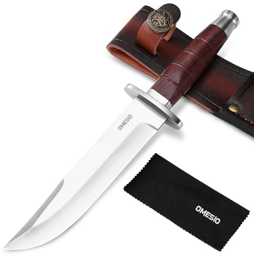 Omesio Cuchillo De Caza Para Exteriores, Hoja Fija — Incluye Funda De Cuero, Fabricado en Acero 5cr14mov — Mango De Madera Maciza — Adecuado Para Acampadas y Supervivencia en La Naturaleza