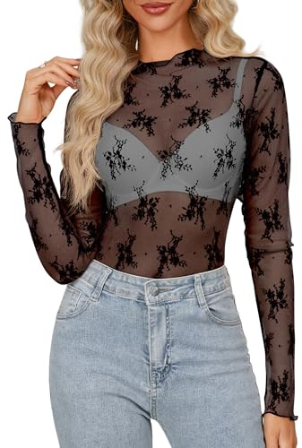Homlan Camiseta Sexy de Malla para Mujer, Manga Larga, Transparente, Cuello Alto, Estampado Floral, Blusa Clubwear, Negro, XXL