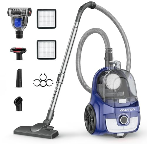 Aspiron Canister Vacuum, Upgraded 1600W Bagless Canister Vacuum Cleaner, Auto Cord Rewind, H13 HEPA Filter, 4Qt Large Capacity, 5 Tools for Hard Floors, Carpet, Pet, Upholstery, Tiles, Azure