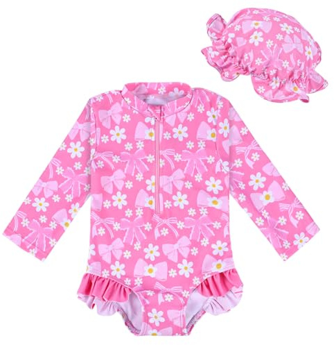 Yoolhamy Costume da Bagno da Bambina con Cappello da Sole a Maniche Lunghe Rashguard Fragola Fiocco da Spiaggia per Bambini da 3 Mesi a 2 Anni, Colore: Rosa., 6-12 Mesi