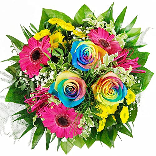 Rainbow Disco Mix - Poppig bunter Blumenstrauß mit Regenbogenrosen und Gerbera # Blumen # Geburtstag