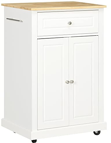 HOMCOM Rolling Kitchen Island Cart, Portable Serving Trolley Table with Drawer, Adjustable Shelf and 2 Towel Racks, Cream White