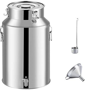 Stainless Steel Milk Churn Can Jug Canister with Spigot Dispenser - Wine Pail Bucket Sealed Milk Cream Transportation Container with Funnel and Wine Spoon Milk Tank/A / 14L