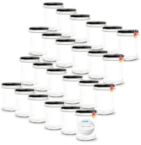 Flaschenbauer 24er Set Marmeladengläser 230ml - Sturzgläser & Einmachgläser, vielseitig einsetzbar, inklusive Etiketten, wahlweise farbige Twist-Off Deckel TO66 - ideal für Suppen, Dips, Tee [Schwarz]