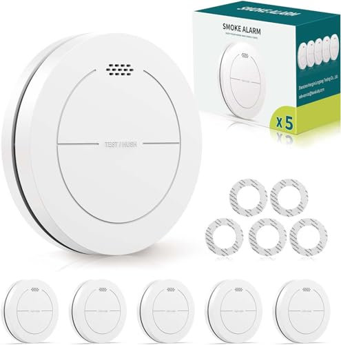 Safeliveo Rauchmelder 5er Set ohne Blinkende LED, mit 10 Jahre Batterie, mit Klebepads,Mute Funktion, 85 dB Alarmton, Standalone Flacher Brandmelder für den Brandschutz zu Hause.