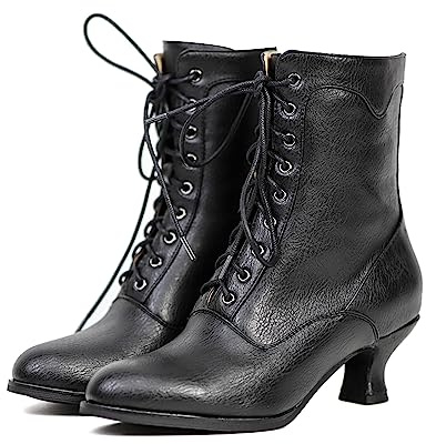 Yremael Women's Victorian Ankle Boots - Mid Calf, Round Toe, Chunky Heel, Lace Up Witch & Knight Boots in Black