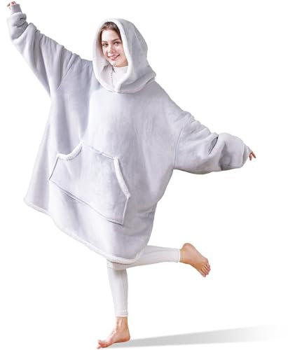 Mia&Coco Hoodie Blanket Women and Men, Oversized Hooded Blanket Hoodie with Pocket, 400GSM Flannel & Sherpa Fleece Wearable Blanket Hoodie, OEKO-TEX Standards Cosy Hooded Blankets, Silver Grey