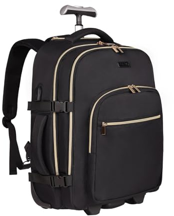 DEVPNR Rolling Backpack for Women, 17Inch Laptop Travel Backpack with Wheels, Carry on Luggage Airplane, Overnight Business Trolley Backpack Bag (Elegant Black) (In Patent)