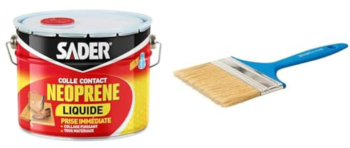 Sader Colle Contact Néoprène Liquide – Colle Extra Forte Tous Matériaux – Prise Immédiate – Seau 2,5 l & Silverline 606675 Pinceau jetable 100 mm Multicolore