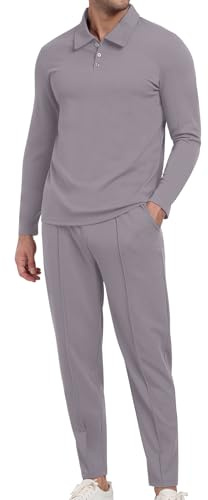 KUYIGO Tuta da uomo Polo 2 pezzi Completi a maniche lunghe Pullover Tuta Set Felpa e Joggers Waffle Top Pantaloni Casual Sport Activewear Golf Suit, Grigio, XL