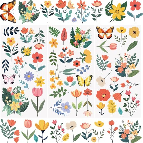 WANDIC 3 Sheets Spring Rub on Transfer Stickers Flower Elements Decals Butterfly Stickers Waterproof Decals Furniture Stickers Home Decoration Decals for DIY,15 * 30cm
