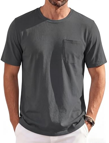 TACVASEN Shirts with Pocket Mens T Shirt Summer Short Sleeve Regular Fit Round Neck Casual Tops Classic Tee Shirts Darkgrey,XL