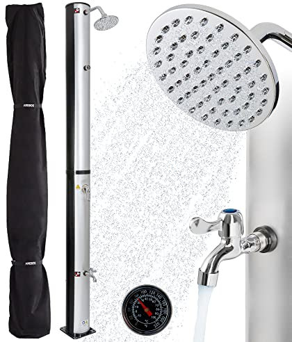 Arebos Douche Solaire| 37 L | 199cm |avec thermomètre intégré | incl.Capot de protection |pommeau de douche rond | avec douche de pied |Douche de jardin avec raccord pour tuyau d'arrosage |Argent-Noir