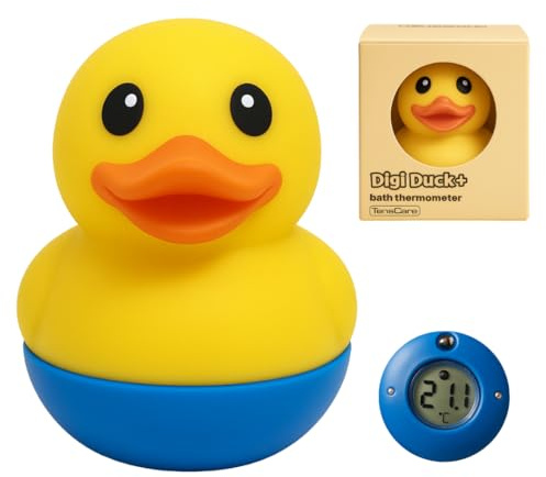 TensCare Digi Duck+ - Termometro da bagno per bambini, anatra galleggiante, con display LCD, LED, temperatura, silicone senza BPA, batteria a lunga durata