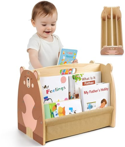 MHJY Estantería Libros Infantil Madera - Librería Montessori Doble Cara con Bolsillos de Tela, Organizador Juguetes Portátil con Asa, Mueble Almacenaje para Habitación Niño y Guardería