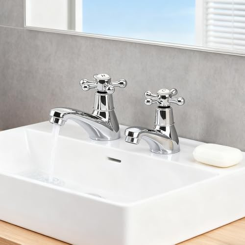 Ruiqas Pair of 2 Bathroom Basin Taps, Hot and Cold Water Separate Bathroom Sink Tap with Cross Lever for Bathroom and Kitchen Turn Lever Taps