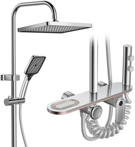 WRMING Colonna Doccia con Miscelatore, Kit Doccia con Soffione a Pioggia Anticalcare 30x20cm, 3 Tipi di Doccetta, Asta Doccia In Acciaio Inox, 80~135cm Altezza Regolabile, Tubo 1,5m, Cromo