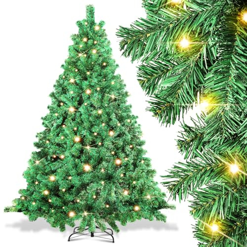 Peviasot Sapin de Noël artificiel avec éclairage, 210 cm, automatique, 1200 pointes, support en métal, 400 lumières blanc chaud, pour décoration de Noël, vert