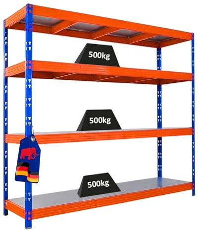 PROREGAL Étagère Charge Lourd Rhino | HxLxP 180x200x60cm | 4 étagères en Acier | 500kg par Niveau | Bleu/Orange | Étagère de Garage, étagère de Rangement, Stockage, rayonnage
