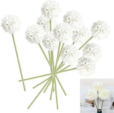 Sylkeov Pack de 12 Flores Artificiales de Hortensia de Seda, Ramos de Crisantemo Tipo Bola para Decoración de Bodas, Hogar, Jardín y Oficina, Tallos Ajustables y Realistas, para Centros de Mesa