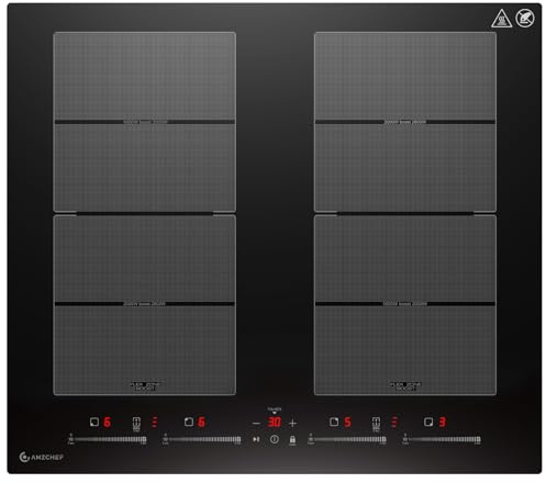 AMZCHEF placa induccion con dos zonas flexibles, placa de inducción de 4 zonas con funcionamiento silencioso (42dB), 9 niveles y refuerzo - Función BBQ, función de pausa y mantener caliente, 7400W