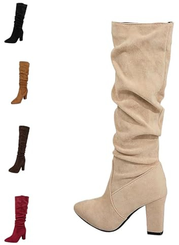 MASHANGGOU Stivali da donna eleganti al ginocchio in pelle scamosciata, con tacco a spillo e scarpe da indossare casual, beige., 38/46 EU