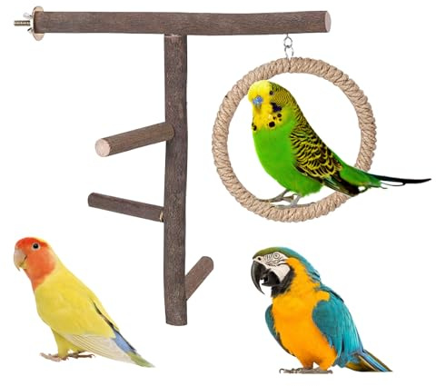 Bird Perch Swing Toys, Natural Wood Parrot Perch Stand Toy Parrot Cage Branch Accessories with Round Swing for Parakeets Cockatiels Conures Love Birds