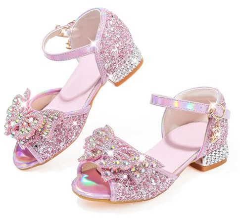 Mokayu Girls Sandals Glitter Princess Mary Jane Pump Shoes Open Toe Toddler Low Heels Sandals Dress Up Shoes Bling Bowknot Party Wedding Birthday Prom Cosplay Shoes Pink UK11