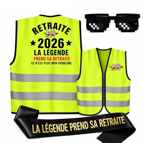 AHEZQILU Cadeau Retraite Homme Kit, Cadeau Retraite, Décoration Retraitee Homme Accessoires Party Ccadeau Depart Retraitee 2026 Fête Départ Retraite Avec Gilet Réfléchissant Écharpe Lunettes Humour