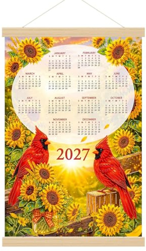 Lebartm 2027 Diamond Art Wall Calendar for Adults Beginners 5D Diamonds Painting Kit with Wood Hanging Scroll Sunflower Floral Craft Calendars for Home Office Planning-Sunflowers