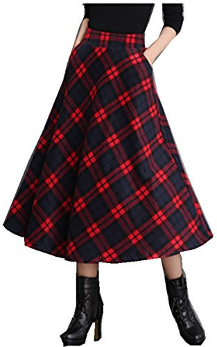 Taiduosheng Jupe longue en laine pour femme - Double poche plissée vintage - Pour l'hiver - Rouge - X-Large