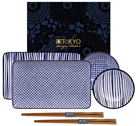 Nippon Blue Sushi Plate w/Giftbox mit Chop 4pcs 21x13.5 & 9.5x3cm Lines/Dots