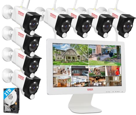 Tonton Außen Überwachungskamera Set mit Monitor, 5MP 8CH 16 Zoll NVR Monitor mit 8 STK. WLAN Kameras, 30M Farbnachtsicht, PIR Personenerkennung, App&Mail Alarm, Einfache Fernanzeige, 1TB Festplatte