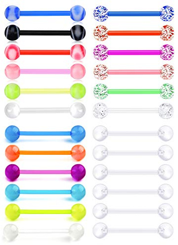 Briana Williams 24 Pièces Barres de Langue Anneaux de Mamelon en Plastique Ensemble Bioflex Flexible 16mm 14G Droite Barbell Piercing Bijoux