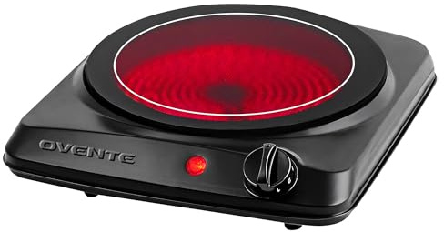 OVENTE Countertop Infrared Single Burner, 1000W Electric Hot Plate with 7” Ceramic Glass Cooktop, 5 Level Temperature Setting & Easy to Clean Base, Compact Stove for Home Dorm Office, Black BGI101B