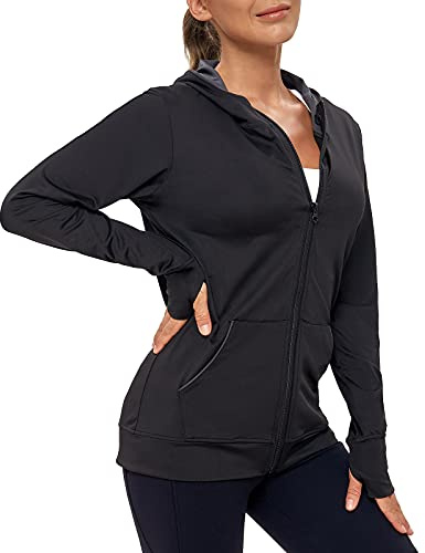 AMZSPORT Sweat à Capuche Zippé pour Femmes Veste Sport Sweatshirts de Fitness avec Trous Les Pouces, Noir L