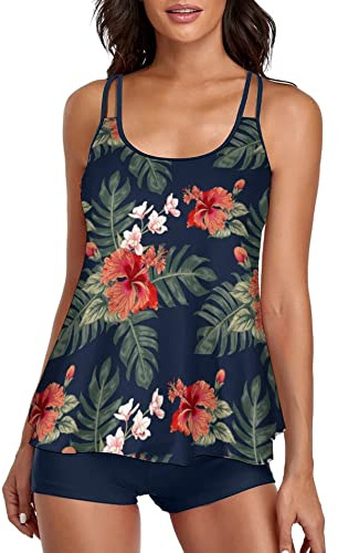 Stylish Swim Suits for Women Slimming Tankini Set Adjustable Straps 2 Piece Swimwear Tropical Hawaii Beach Pool Party Photoshoot Flattering Hides Belly Perfect for Vacation Tropical Navy L