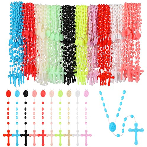 Meooeck 100 Pack 100/200/300 Pack Plastic Rosary Cross Necklaces Bulk Catholic Prayer Bead for Church Welcome Gifts Religious Party Favor (10 Colors)