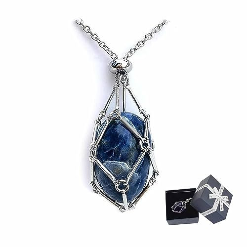 SOPAN Kristallstein-Halter-Halskette, handgefertigte Kristall-Halter-Halskette, Kristall-Anhänger-Netz-Halskette mit Verstellbarer Länge für Damen und Herren-White||Gold