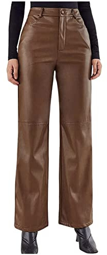KJDWJKJRF Pantalon en cuir synthétique pour femme - Taille haute - Coupe droite - Jambe large - Stretch - En cuir synthétique, Marron C., M