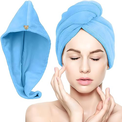 Retoo Turbante para el Pelo, Microfibra, Suave Toalla para Secar el Cabello, Absorbente Turbante Rápido para Mujer y Niñas con Botón, Toalla para Todo Tipo de Cabello, 55 x 23 cm, Azul