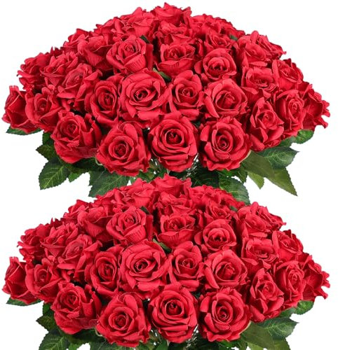 FOTEEWL Künstliche Rosen, realistische Kunstseide, Rosenstrauß für Blumenarrangement, Hochzeitsdekoration, Party, Heimdekoration, Burgunderrot, 60 Stück