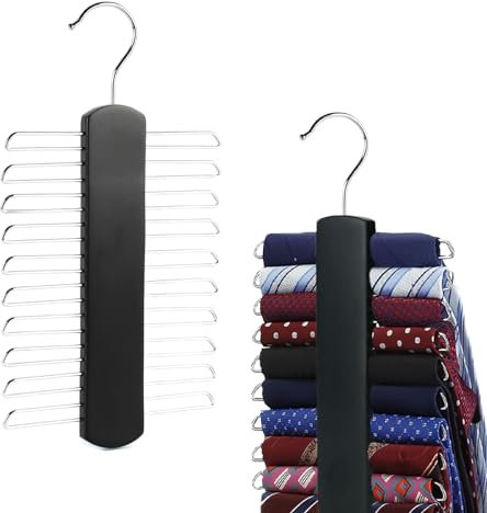 Kaizuca 2 Pièce Cravates Bois Cintre, Porte Cravate, Cintre Porte, avec 20 Cloisons Métalliques et Crochet Rotatif à 360 Degrés, pour Écharpe, Ceintures, Cravates, Accessoires (Noir)