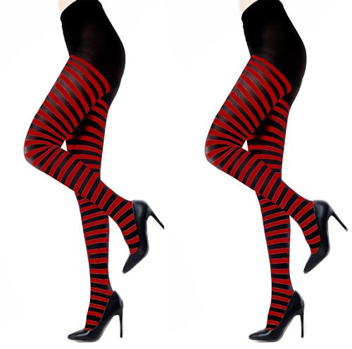 Carnavalife 2 Pares Pantys Mujer Raya, Medias Rayas de Colores, Legging Medias Mujer Adulta, Elástico de Microfibra, Pantimedias Semiopaca para Otoño y Invierno (NEGRO Y ROJO RAYA)