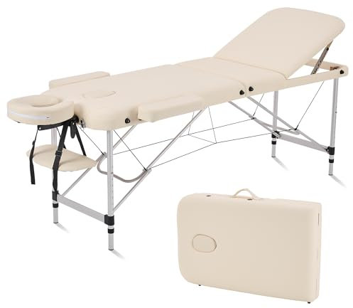 YOUNIKE Massageliege Klappbar 3 Zonen Massagetisch 60cm Breit Mobile Massagebank Höhenverstellbarer Therapieliege Kosmetikliege mit Aluminium-Füßen und Tragetasche Tattoo Liege, Creme