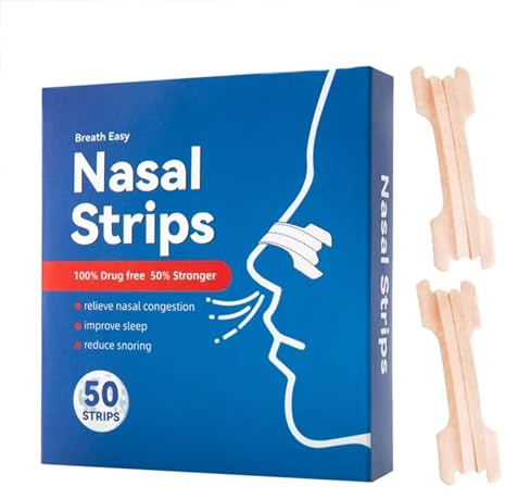 Nose Plasters Snoring Pack of 50 Nose Plasters Better Breathing Nasal Strips Relieve Nasal Congestion Due to Runny Nose, Allergies, Anti Snoring Nose Strips for Easier Breathing During Sports Sleep