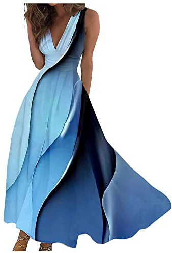 Robe Longue Plage Femme Été Fluide Bohème Chic - Cocktail Mariage - Bleu L