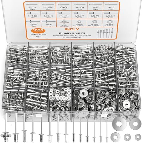 INCLY Assortiment de 1000 rivets pop en aluminium, 14 tailles de rivets pop (3/32, 1/8, 5/32, 3/16, 1/4) avec rondelles de secours en acier inoxydable 304 de 5 tailles, rivets aveugles assortis