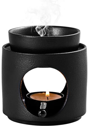Duftlampe aus Keramik mit Teelichthalter,Aromalampe,Öl- und Wachsdiffusor,Stövchen für ätherische Öle,Abnehmbare Schale(Schwarz)